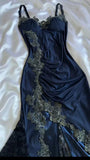 Navy Blue Spaghetti Straps Mermaid Satin Appliques Prom Dresses Party Dresses HZ1024