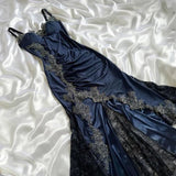 Navy Blue Spaghetti Straps Mermaid Satin Appliques Prom Dresses Party Dresses HZ1024