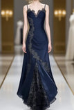 Navy Blue Spaghetti Straps Mermaid Satin Appliques Prom Dresses Party Dresses HZ1024
