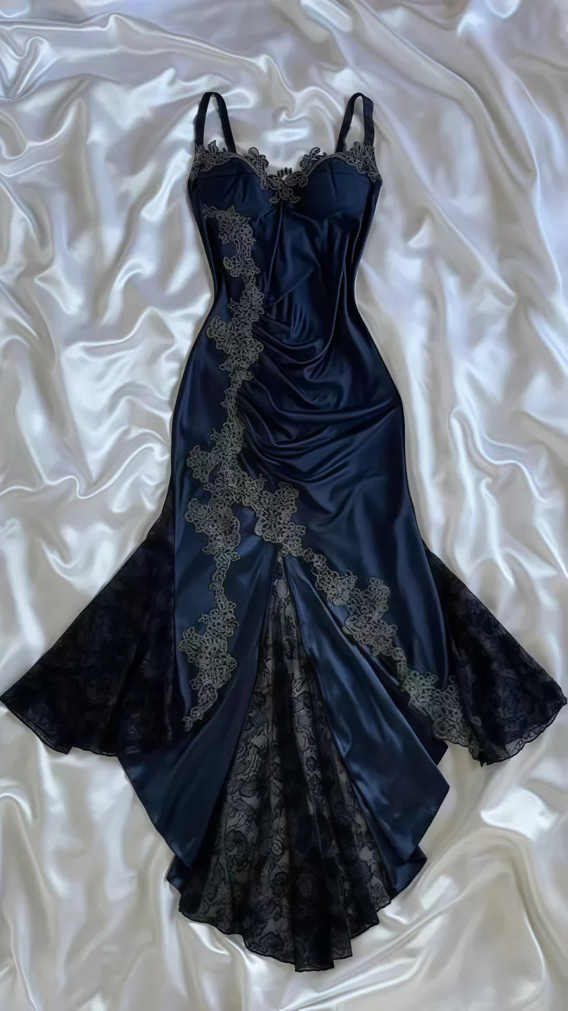 Navy Blue Spaghetti Straps Mermaid Satin Appliques Prom Dresses Party Dresses HZ1024