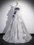 off-shoulder tulle three-dimensional floral long prom dress, dark purple evening dress HZ1024
