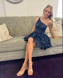 Line One Shoulder Navy Tiered Lace Short Homecoming Dress HZ1024