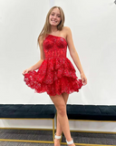 Line One Shoulder Navy Tiered Lace Short Homecoming Dress HZ1024