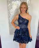 Line One Shoulder Navy Tiered Lace Short Homecoming Dress HZ1024