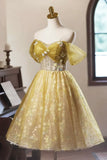Floral Tulle Knee Length Prom Dress, A-Line Off the Shoulder Homecoming Dress HZ1024