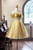 Floral Tulle Knee Length Prom Dress, A-Line Off the Shoulder Homecoming Dress HZ1024
