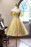 Floral Tulle Knee Length Prom Dress, A-Line Off the Shoulder Homecoming Dress HZ1024