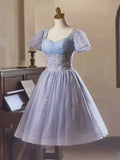 Purple Tulle Short Sleeves Homecoming Dress, Beautiful Knee Length Prom Party Dress HZ1024