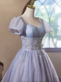 Purple Tulle Short Sleeves Homecoming Dress, Beautiful Knee Length Prom Party Dress HZ1024