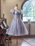Purple Tulle Short Sleeves Homecoming Dress, Beautiful Knee Length Prom Party Dress HZ1024