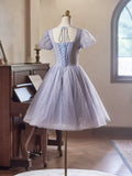 Purple Tulle Short Sleeves Homecoming Dress, Beautiful Knee Length Prom Party Dress HZ1024