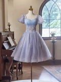 Purple Tulle Short Sleeves Homecoming Dress, Beautiful Knee Length Prom Party Dress HZ1024