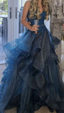 A-line V-neck Tulle Sequins Long Prom Dress, Spaghetti Strap Evening Dress HZ1024