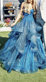 A-line V-neck Tulle Sequins Long Prom Dress, Spaghetti Strap Evening Dress HZ1024