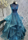 A-line V-neck Tulle Sequins Long Prom Dress, Spaghetti Strap Evening Dress HZ1024