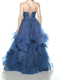 A-line V-neck Tulle Sequins Long Prom Dress, Spaghetti Strap Evening Dress HZ1024