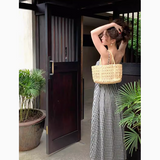 and white plaid suspender dress with slim waist and French retro temperament medium-length skirt HZ1024