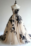 Champagne A-line Sweetheart Neckline Tulle Applique Wedding Dress, Vintage Long Evening Gown HZ1024