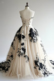 Champagne A-line Sweetheart Neckline Tulle Applique Wedding Dress, Vintage Long Evening Gown HZ1024