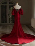 Mermaid Puff Sleeves Satin Burgundy Long Prom Dress, Burgundy Long Formal Dress HZ1024
