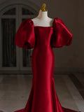 Mermaid Puff Sleeves Satin Burgundy Long Prom Dress, Burgundy Long Formal Dress HZ1024