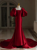 Mermaid Puff Sleeves Satin Burgundy Long Prom Dress, Burgundy Long Formal Dress HZ1024