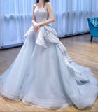 Blue A-line Strapless Tulle Long Prom Dress, Ice Blue Evening Gown HZ1024