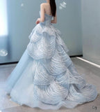 Blue A-line Strapless Tulle Long Prom Dress, Ice Blue Evening Gown HZ1024