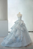 Blue A-line Strapless Tulle Long Prom Dress, Ice Blue Evening Gown HZ1024