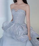 Blue A-line Strapless Tulle Long Prom Dress, Ice Blue Evening Gown HZ1024