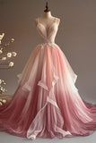 A-Line V-Neck Tulle Applique Long Prom Dress, Spaghetti Strap Vintage Evening Dress HZ1024