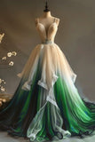 A-Line V-Neck Tulle Applique Long Prom Dress, Spaghetti Strap Vintage Evening Dress HZ1024