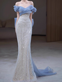Off Shoulder Tulle Sequin Long Prom Dress, Elegant Evening Gown HZ1024