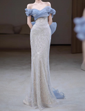Off Shoulder Tulle Sequin Long Prom Dress, Elegant Evening Gown HZ1024