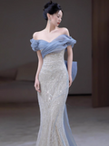 Off Shoulder Tulle Sequin Long Prom Dress, Elegant Evening Gown HZ1024