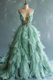 Green A-line Spaghetti Strap Tulle Long Prom Dress, Elegant Evening Dress HZ1024