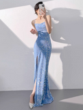 Mermaid Sequin Spaghetti Strap Long Prom Dress, Formal Evening Dress HZ1024