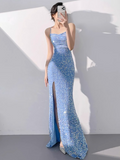 Mermaid Sequin Spaghetti Strap Long Prom Dress, Formal Evening Dress HZ1024
