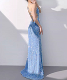Mermaid Sequin Spaghetti Strap Long Prom Dress, Formal Evening Dress HZ1024