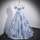 A-line U-neck Floral Satin Long Prom dress, Elegant Formal Evening Gown HZ1024