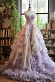 Purple Strapless Tulle Vintage Long Ball Gown, Sweetheart Veck Lace Applique Evening Gown HZ1024