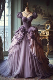 Purple A-Line Sweetheart Neck Tulle Lace Vintage Long Prom Dress HZ1024