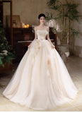 Champagne A-Line Strapless Tulle Wedding Dress£¬Gentle Beaded Long Bridal Dress HZ1024