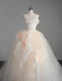 Champagne A-Line Strapless Tulle Wedding Dress£¬Gentle Beaded Long Bridal Dress HZ1024