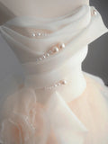 Champagne A-Line Strapless Tulle Wedding Dress£¬Gentle Beaded Long Bridal Dress HZ1024