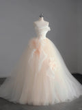 Champagne A-Line Strapless Tulle Wedding Dress£¬Gentle Beaded Long Bridal Dress HZ1024