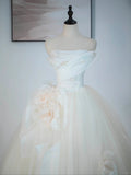 Champagne A-Line Strapless Tulle Wedding Dress£¬Gentle Beaded Long Bridal Dress HZ1024