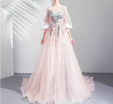 Pink A-line Long-Sleeved Tulle Embroidered Wedding Dress, Gentle Long Prom Dress HZ1024