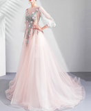 Pink A-line Long-Sleeved Tulle Embroidered Wedding Dress, Gentle Long Prom Dress HZ1024
