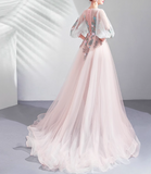 Pink A-line Long-Sleeved Tulle Embroidered Wedding Dress, Gentle Long Prom Dress HZ1024